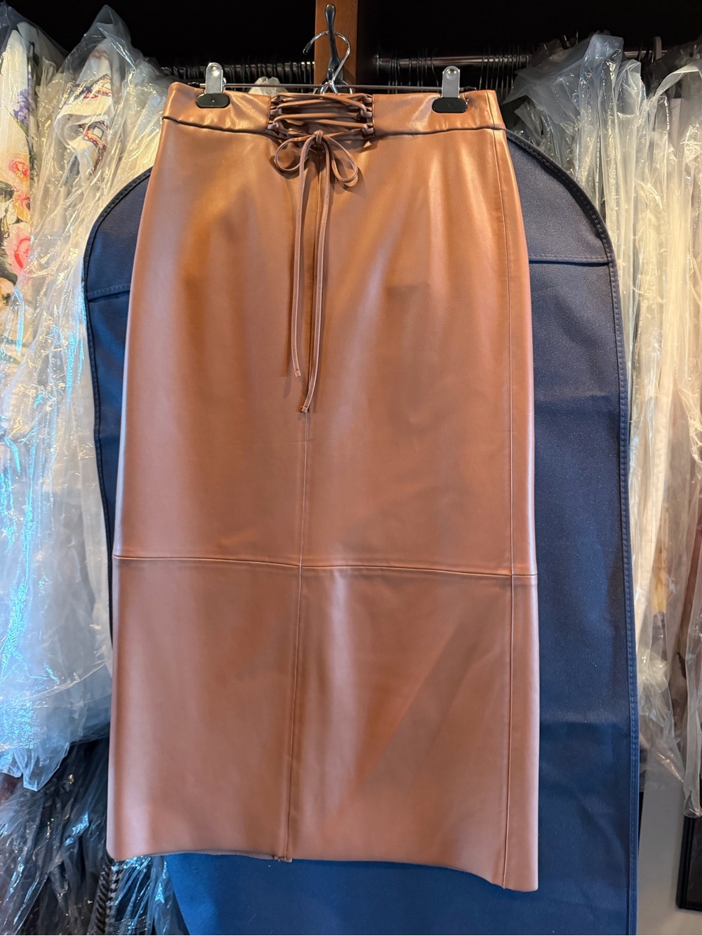 NWT Zara Women's Brown Faux Leather Lace-Up Midi Skirt size Medium